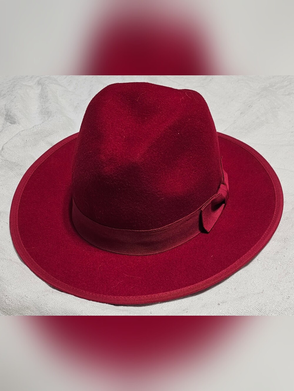 Free People Red Wool Felt Fedora Hat Wide Brim Ribbon Bow Accent Women's